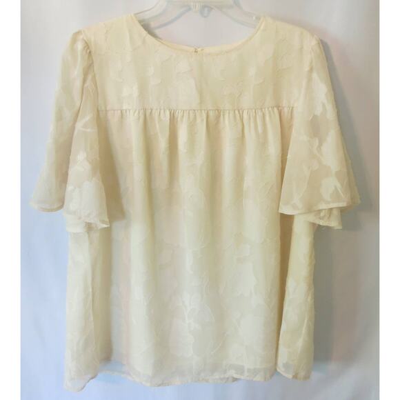 FLORAL OVERLAY Top Flutter Sleeves Size L Women Short Sleeve Lined Cream Boho - Picture 3 of 11